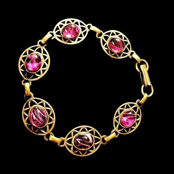 Vintage Banana Bob Victorian style ox gold open work amethyst cabashon bracelet - Picture 1 of 8